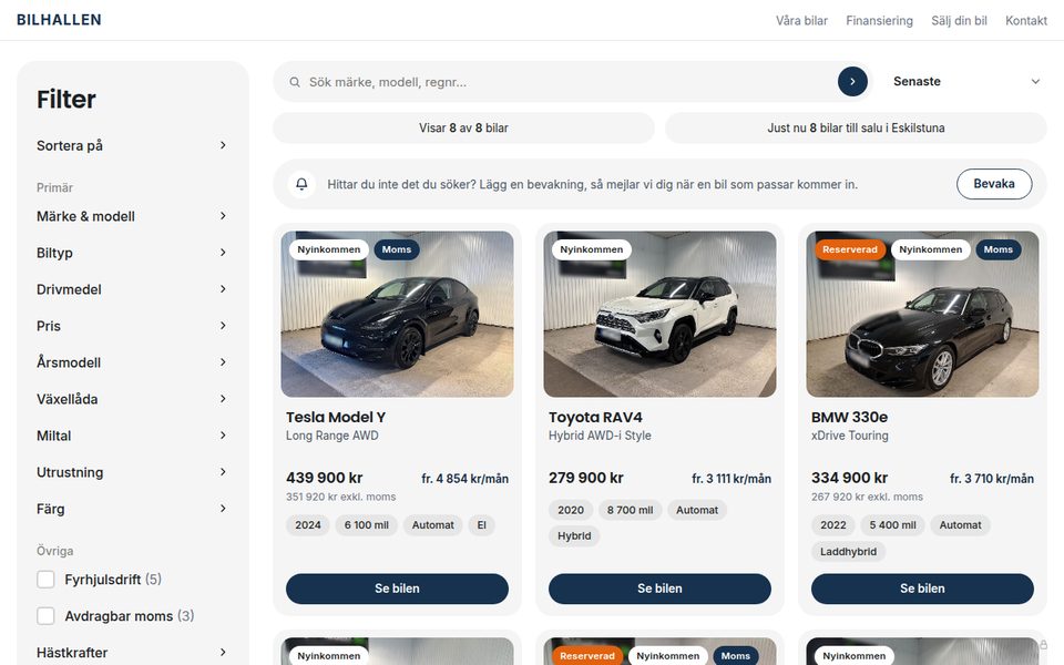 Smart Digital Bilhall — fordonssidan med filter och bilar